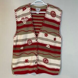 Koret VTG Red Tan Striped Floral Embroidered Knit Sweater Vest XL Nautical